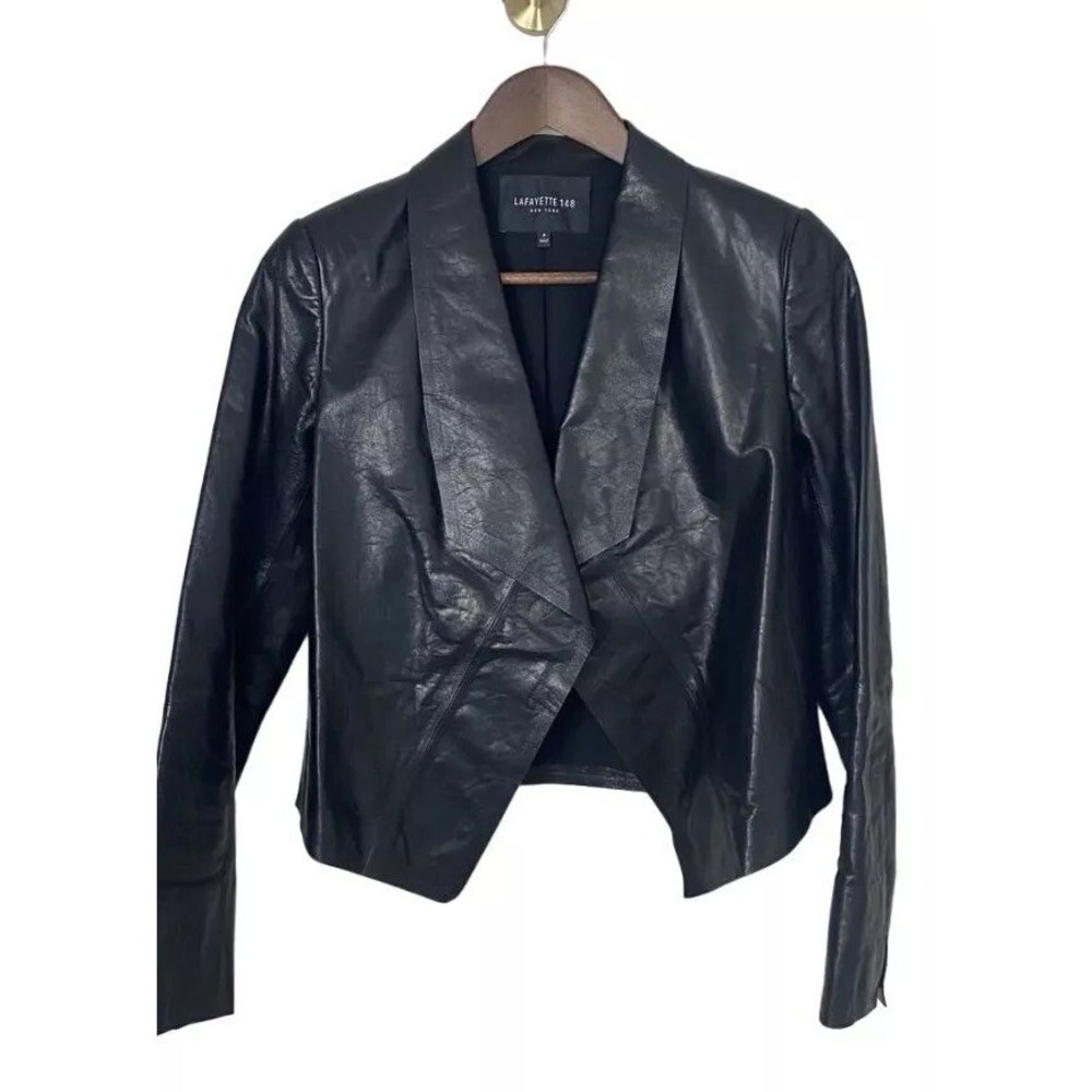LAFAYETTE 148 Black Leather Jacket Moto Quiet Luxury Minimalist Size P Small‎